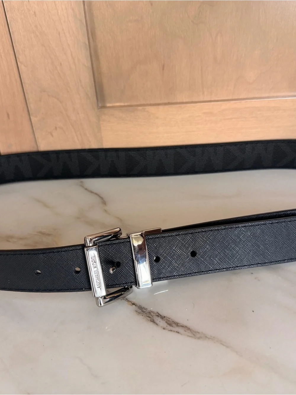 Michael Kors Black Men’s Leather Belt with Silver Buckle